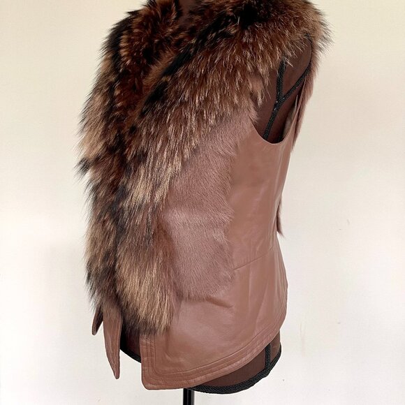 NWOT Tan Brown Leather Vest Real Fox Fur M size - Picture 13 of 16